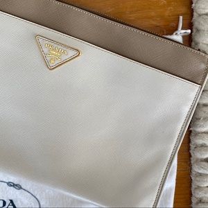 Prada Saffiano Cream Zip Clutch
